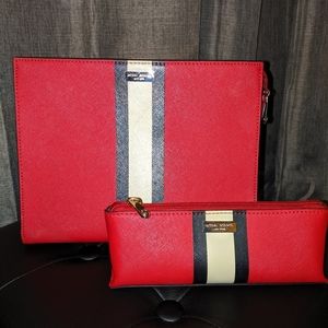Henri Bendel red striped cosmetic case and clutch
